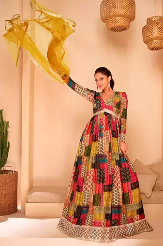 Multi embroidered georgette free size stitched palazzo suit