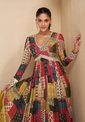 Multi embroidered georgette free size stitched palazzo suit 3