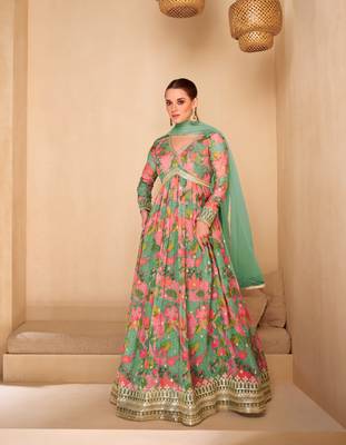 Green embroidered georgette free size palazzo suit 1