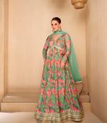 Green embroidered georgette free size palazzo suit