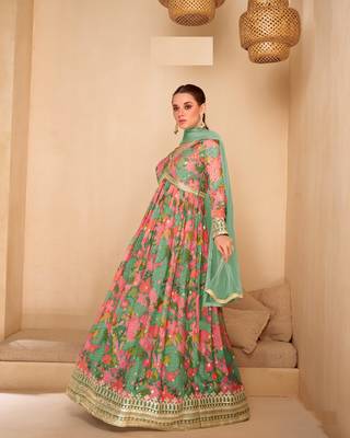Green embroidered georgette free size palazzo suit 2
