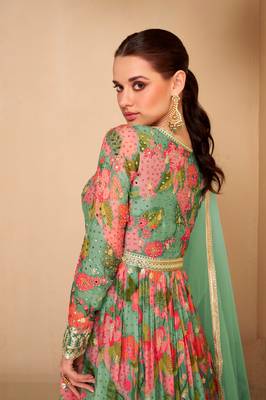 Green embroidered georgette free size palazzo suit 3