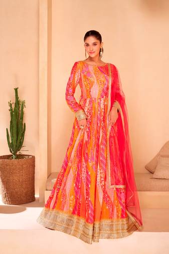 Orange embroidered georgette free size stitched palazzo suit