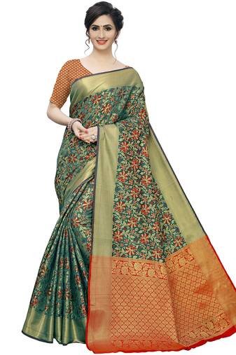 Green Cotton Silk Blend Jacquard Golden Zari Floral Ethnic Motifs Paisley Patola Style Saree