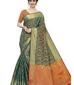 Green Cotton Silk Blend Jacquard Golden Zari Floral Ethnic Motifs Paisley Patola Style Saree