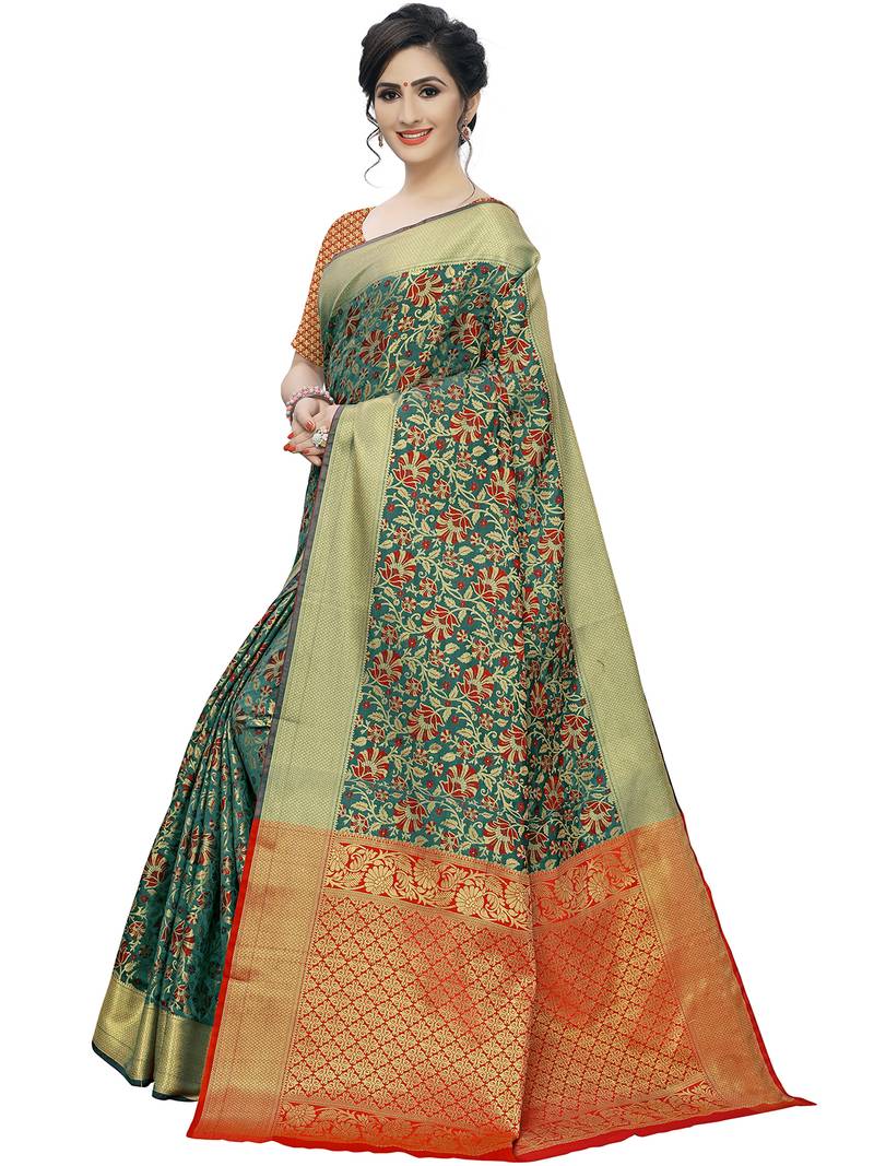Green Cotton Silk Blend Jacquard Golden Zari Floral Ethnic Motifs Paisley Patola Style Saree