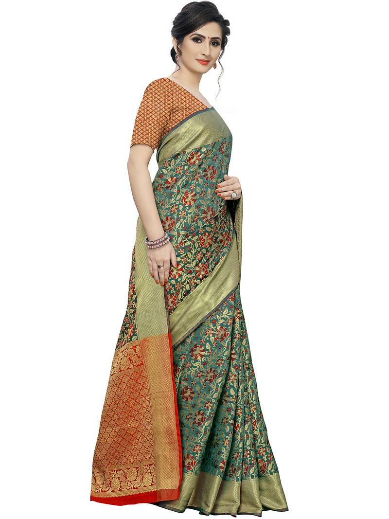 Green Cotton Silk Blend Jacquard Golden Zari Floral Ethnic Motifs Paisley Patola Style Saree