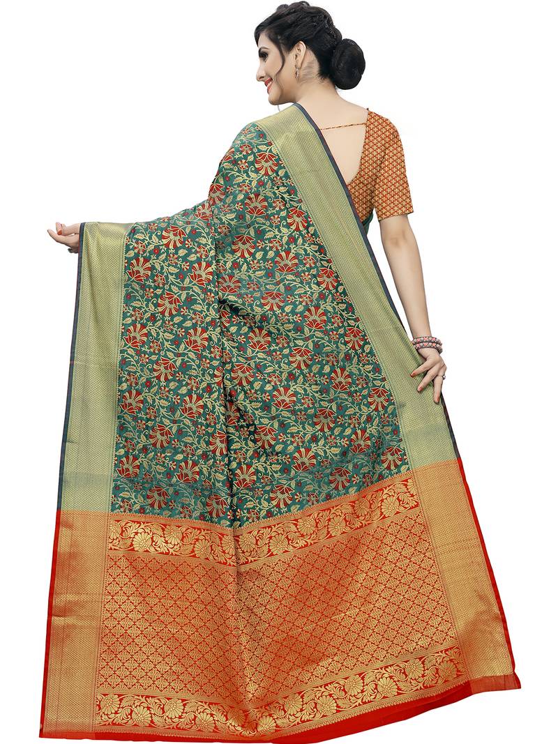 Green Cotton Silk Blend Jacquard Golden Zari Floral Ethnic Motifs Paisley Patola Style Saree
