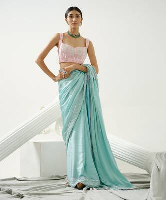 Ocean green sequin saree with border work paired with shaded sequin pink blouse 3