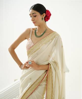 Gold silk tissue saree handrafted with sequin , cutdana paired with gold sequin embellished strap crossback blouse 2