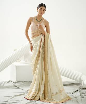 Gold silk tissue saree handrafted with sequin , cutdana paired with gold sequin embellished strap crossback blouse 3