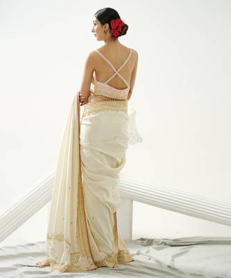 Gold silk tissue saree handrafted with sequin , cutdana paired with gold sequin embellished strap crossback blouse 4