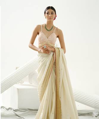 Gold silk tissue saree handrafted with sequin , cutdana paired with gold sequin embellished strap crossback blouse 5
