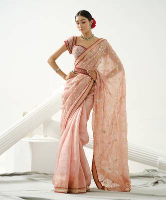 Coffee floral handcrafted saree in organza paired with maroon sequin blouse and belt 1