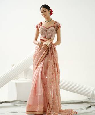 Coffee floral handcrafted saree in organza paired with maroon sequin blouse and belt 2