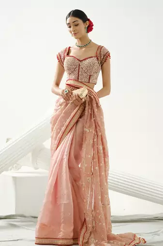 Coffee floral handcrafted saree in organza paired with maroon sequin blouse and belt