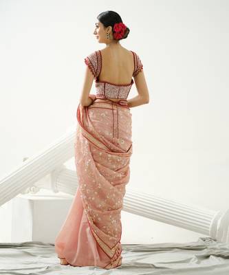 Coffee floral handcrafted saree in organza paired with maroon sequin blouse and belt 3