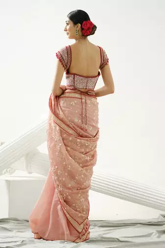 Coffee floral handcrafted saree in organza paired with maroon sequin blouse and belt