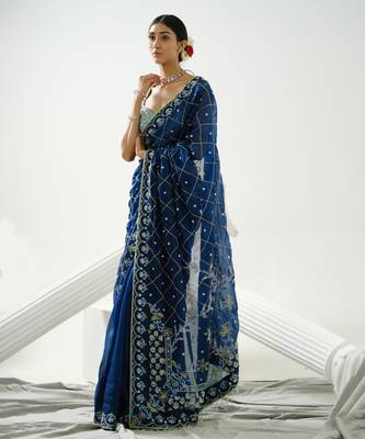 Blue organza floral handcrafted saree paired with sea blue geometric sequin blouse 2