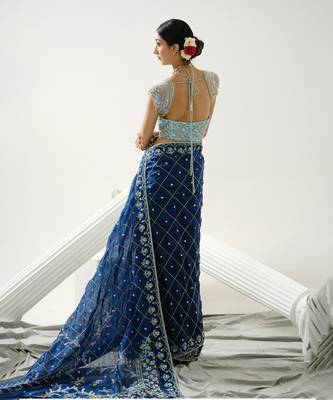 Blue organza floral handcrafted saree paired with sea blue geometric sequin blouse 3