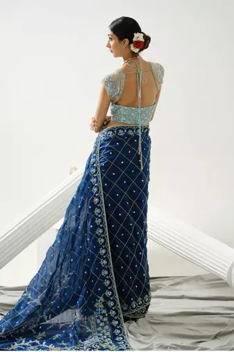 Blue organza floral handcrafted saree paired with sea blue geometric sequin blouse