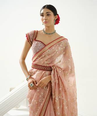Coffee floral handcrafted saree in organza paired with maroon sequin blouse and belt 4