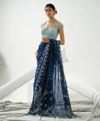 Blue organza floral handcrafted saree paired with sea blue geometric sequin blouse 4