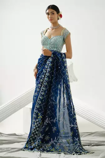 Blue organza floral handcrafted saree paired with sea blue geometric sequin blouse