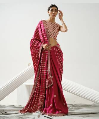 Cherry pink linear handcrafted saree paired with satin incut handcrafted blouse 1
