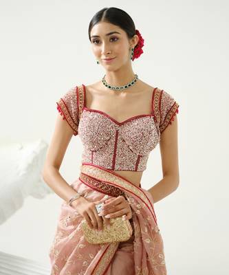 Coffee floral handcrafted saree in organza paired with maroon sequin blouse and belt 5