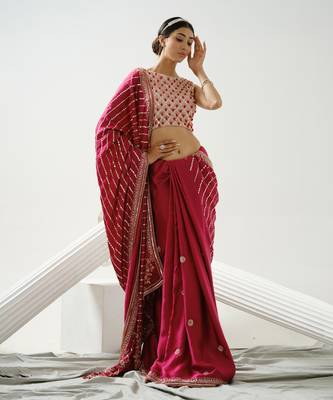 Cherry pink linear handcrafted saree paired with satin incut handcrafted blouse 2