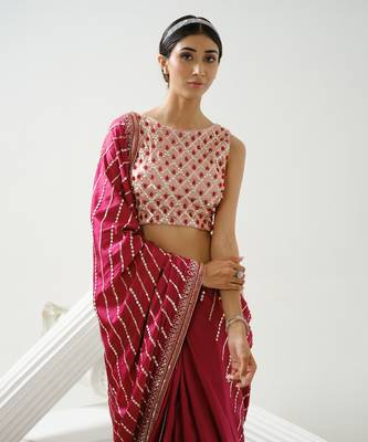 Cherry pink linear handcrafted saree paired with satin incut handcrafted blouse 3