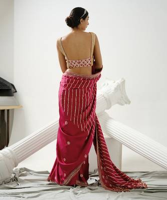 Cherry pink linear handcrafted saree paired with satin incut handcrafted blouse 4