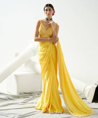 Yellow crystal and sequin handcrafted saree paired with sequin strap blouse 2