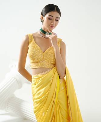 Yellow crystal and sequin handcrafted saree paired with sequin strap blouse 3