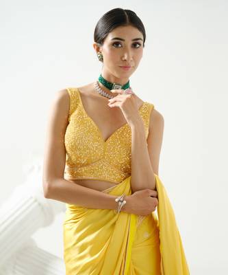 Yellow crystal and sequin handcrafted saree paired with sequin strap blouse 4