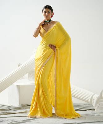 Yellow crystal and sequin handcrafted saree paired with sequin strap blouse 5