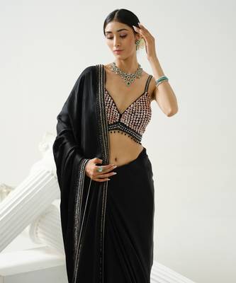Black geometric satin silk saree paired with a sequin embellished  cross back strap blouse 2