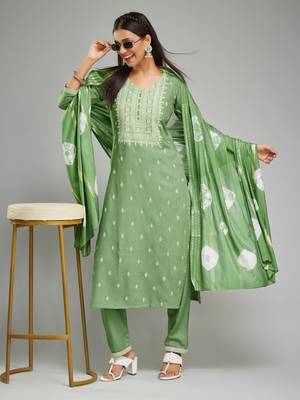 Rayon Fabric Printed Work Kurta, Pant and Dupatta Set 1