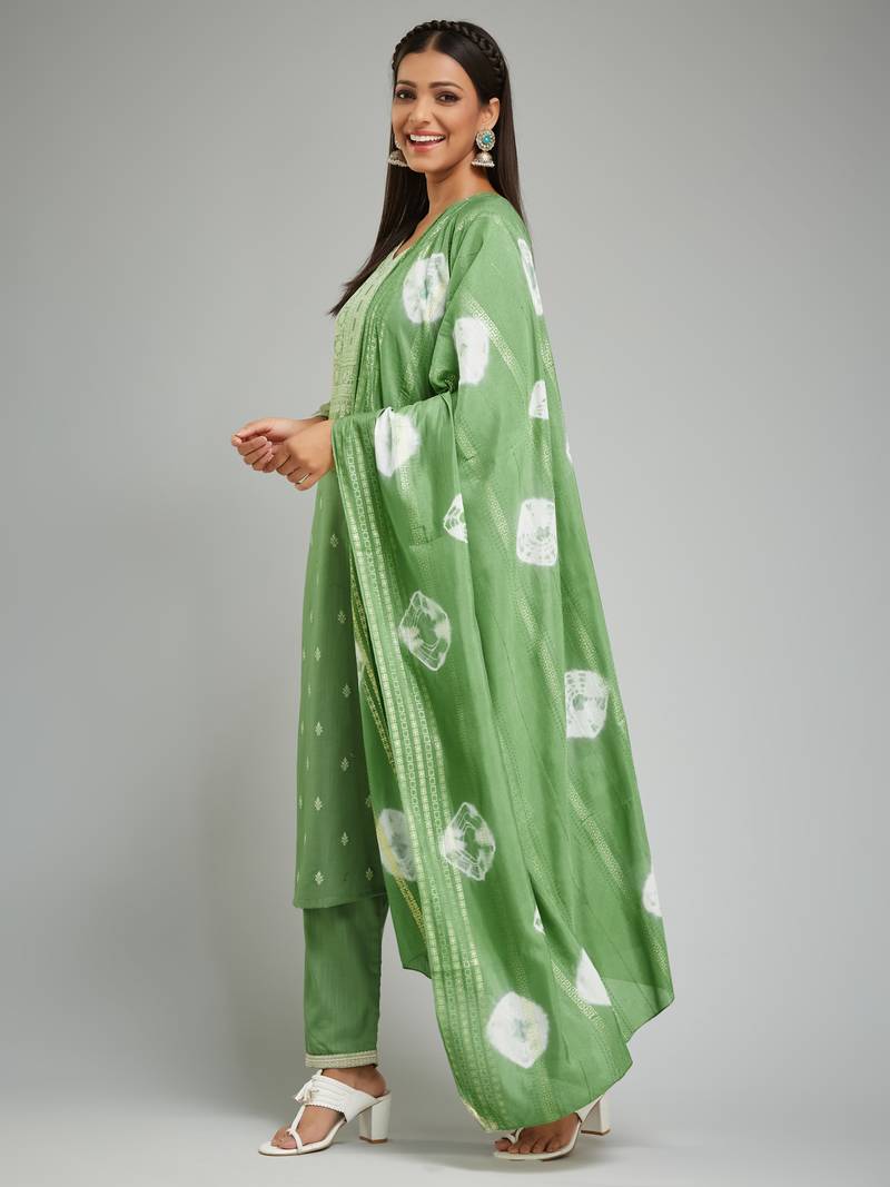 Rayon Fabric Printed Work Kurta, Pant and Dupatta Set