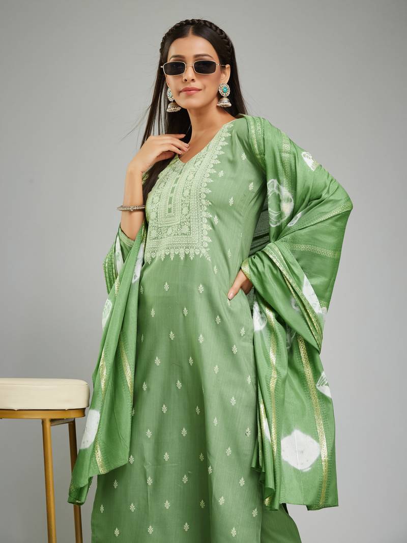 Rayon Fabric Printed Work Kurta, Pant and Dupatta Set