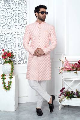 peachcomputer thread work on art silk sherwani 1