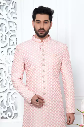 peachcomputer thread work on art silk sherwani