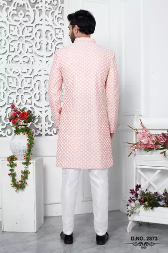 peachcomputer thread work on art silk sherwani