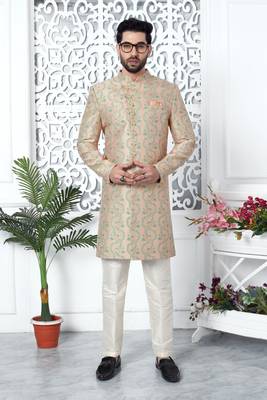 peach jaqurd silk sherwani 1