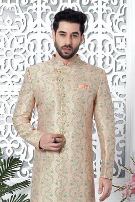 peach jaqurd silk sherwani 2