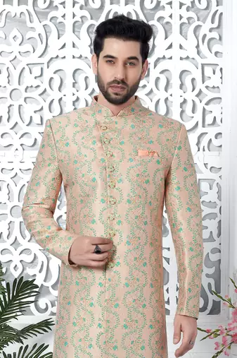 peach jaqurd silk sherwani