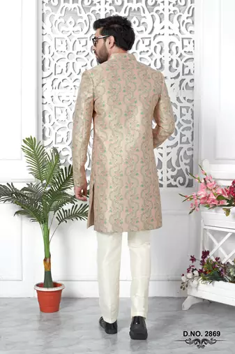 peach jaqurd silk sherwani