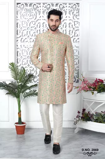 peach jaqurd silk sherwani