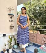 Blue cotton block printed kurta